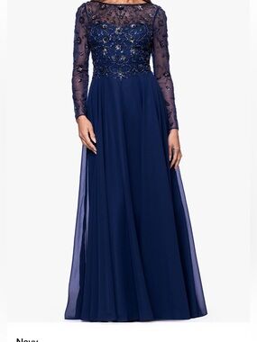 Xscape Navy Beaded Long Sleeve Evening Gown
